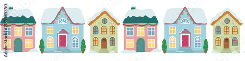 Horizontal seamless border of various cozy winter houses covered in snow, decorated with festive garlands, string lights and Christmas wreaths