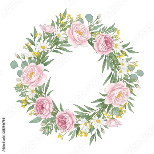 Watercolor pink rose flowers and green leaves circular wreath transparent background