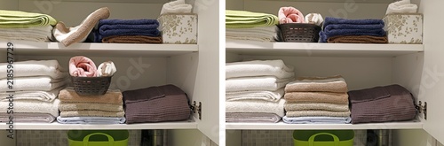 Linen closet organization before and after comparison view.