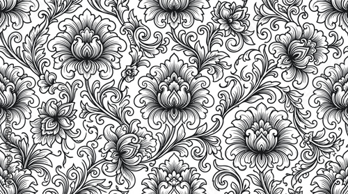 Intricate black and white damask floral pattern with ornate symmetry and repeating arabesque motifs.