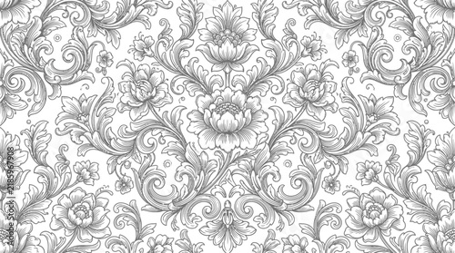 Intricate monochrome damask pattern featuring ornate floral scrollwork suitable for elegant backgrounds.