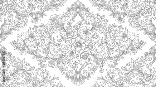 Intricate damask ornamental pattern with seamless texture for elegant design projects.