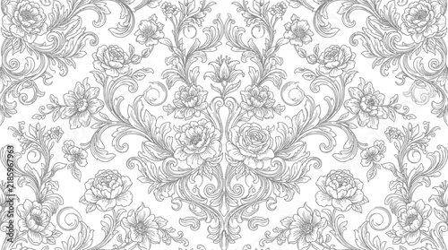 Intricate Gray Damask Pattern with Floral Ornamentation for Wallpapers and Fabrics.