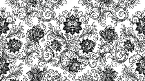 Intricate black and white damask pattern featuring ornate floral motifs for decorative design use.