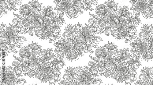 Intricate gray damask floral pattern with ornate scrolling motifs for seamless design textures.