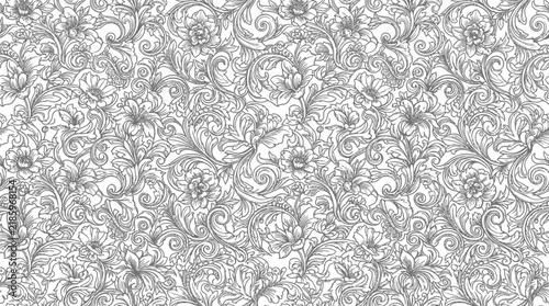 Intricate grayscale ornamental swirl pattern for decorative backgrounds.