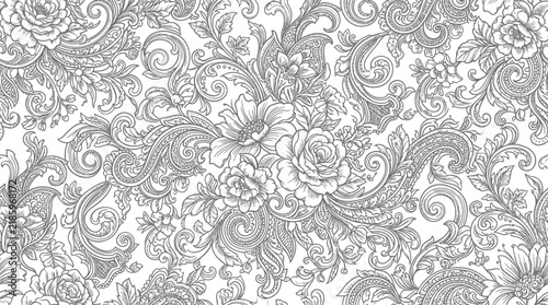 Intricate grayscale paisley floral damask pattern with ornate scrolling design and ornamental filigree texture.