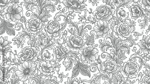 Intricate grayscale damask floral pattern suitable for vintage wallpaper design.