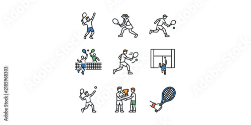 Set of tennis and racquet sports line art icons showing players and equipment.