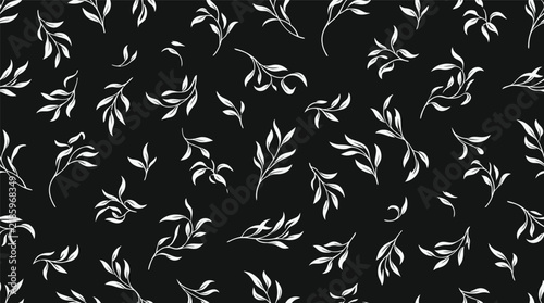 Monochrome leaf pattern on black background suitable for textiles, wallpaper, and graphic design projects.