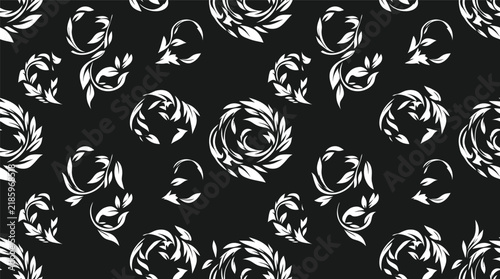 Elegant monochrome floral pattern of roses on black background suitable for seamless design and textiles.