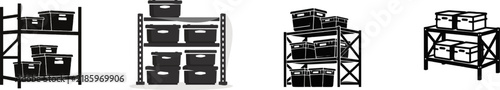 A black and white flat vector icon depicts a heavy-duty garage shelving unit loaded with plastic storage totes on a clean white background