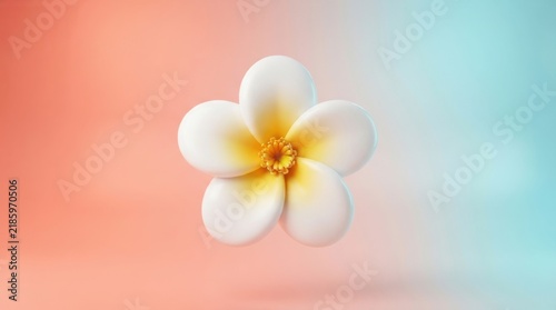 White frangipani flower with yellow center rendered in 3d style floating on vibrant backdrop