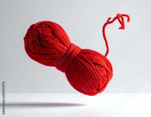A vibrant, floating ball of red yarn against a neutral backdrop