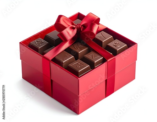Red gift box filled with assorted chocolates, tied with a matching bow, on white background