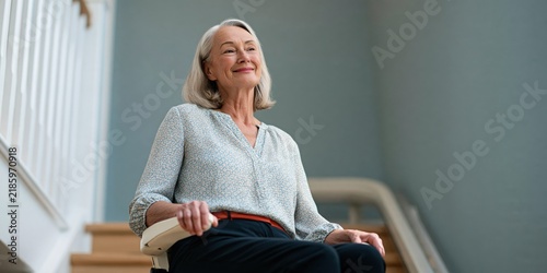 Mature woman riding a stairlift with a calm smile in a home interior for mobility and senior living banner and background