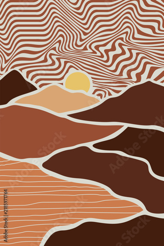 Abstract topographic landscape with flowing contour lines and layered organic terrain forms in warm earthy tones