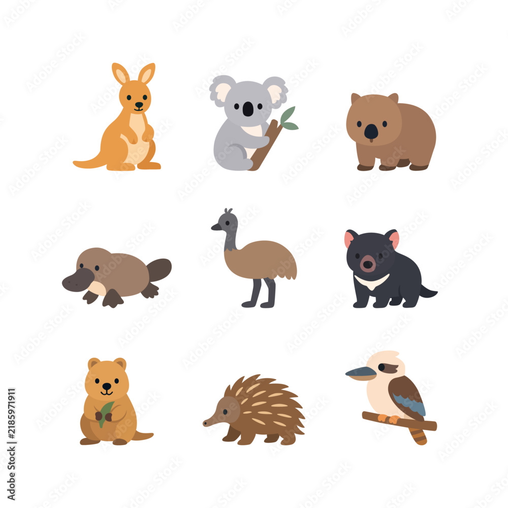 Obraz premium Cute Australian Wildlife Animals Flat Vector Illustration Set