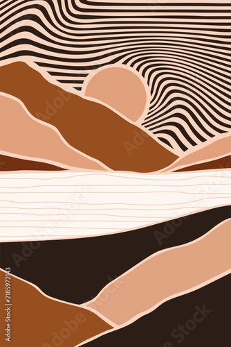Abstract topographic landscape with flowing contour lines and layered organic terrain forms in warm earthy tones