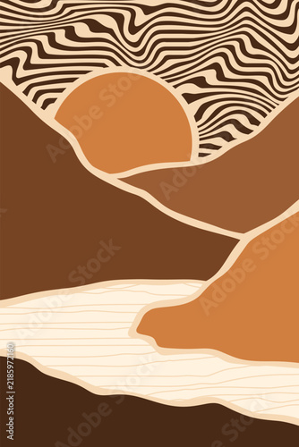 Abstract topographic landscape with flowing contour lines and layered organic terrain forms in warm earthy tones