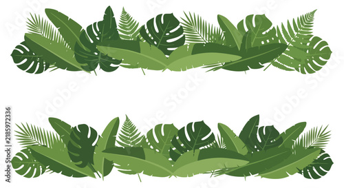 Two horizontal borders featuring lush tropical palm and monstera leaves.