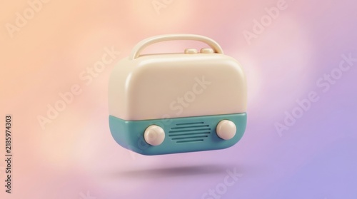Retro radio receiver 3d icon in cream and turquoise colors with dual speakers and volume knobs