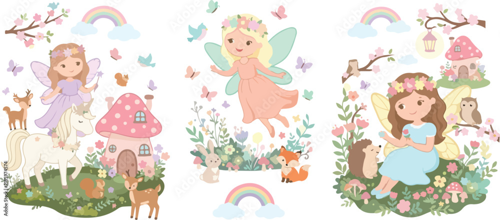 Obraz premium Cute watercolor illustration set featuring little fairies with wings forest animals mushrooms and rainbows on a clean white background