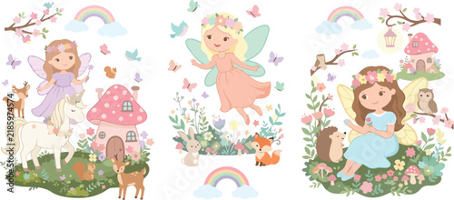 Cute watercolor illustration set featuring little fairies with wings forest animals mushrooms and rainbows on a clean white background