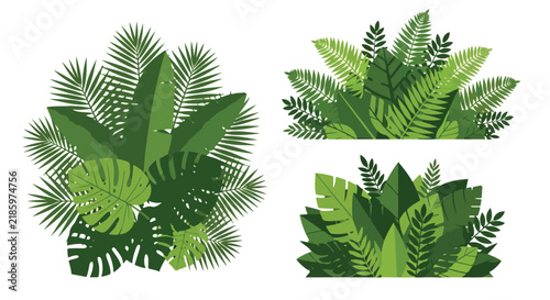 Set of three tropical plant arrangements with lush green foliage and palm leaves.