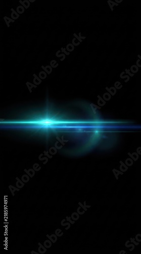 Cyan anamorphic lens flare with horizontal light streaks on black background