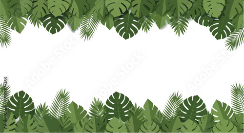 A decorative border composed of various lush tropical green leaves.
