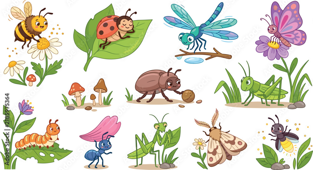 Obraz premium Cute Cartoon Garden Insects and Bugs Character Set with Bee Butterfly Ladybug and Ant for Children Illustration Designs