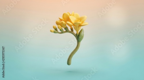 Yellow freesia flower stem with buds 3d icon for botanical design