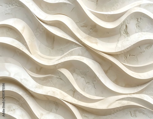 Abstract beige wall texture features flowing, wave-like, 3D forms