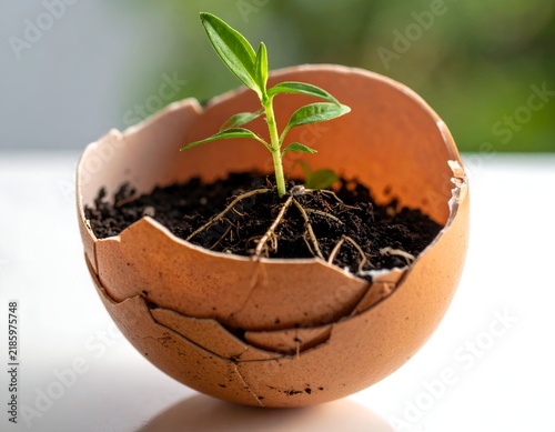 A seedling sprouts from within a cracked eggshell, symbolizing new life and growth