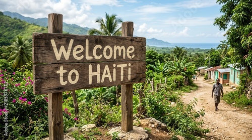Welcome To Haiti Sign In Lush Tropical Landscape