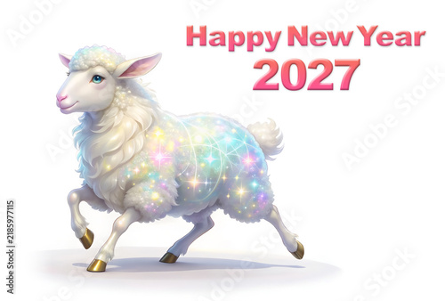 Obraz na płótnie 2027年未年、キラキラ輝くかわいい羊の年賀状イラスト素材