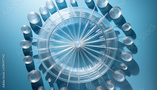 white radial geometric structure and row of glass discs on light blue background