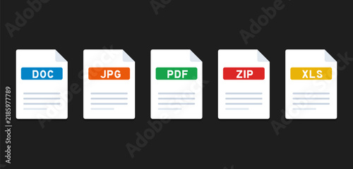 Essential Document File Format Icon Set with Colorful Badges Including DOC, JPG, PDF, ZIP, and XLS for Cloud Storage UIs