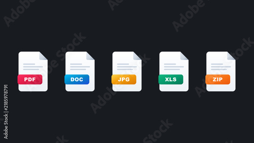 Flat File Format Icon Set Including PDF, DOC, JPG, XLS, and ZIP Extensions for Document Management and Cloud Storage UIs