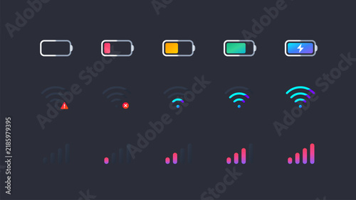 Device Status Indicator Icon Set with Battery Charge, Wi-Fi Signal, and Cellular Network Strength for Mobile App UIs