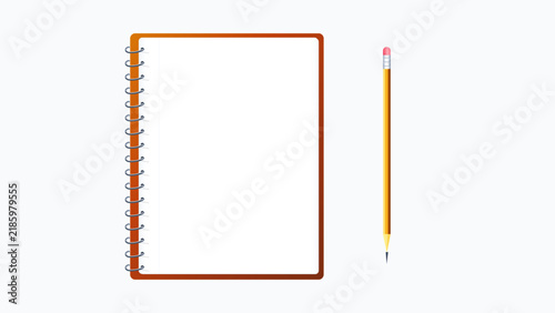 Blank Spiral Notebook and Yellow Wooden Pencil Mockup with Top View Presentation for School Stationery and Office Supplies