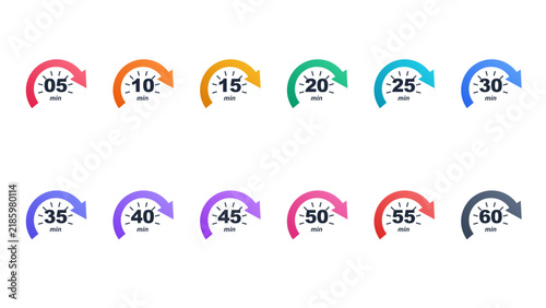 Colorful Progress Timer Icon Set Displaying 5 Minute Intervals up to 60 Minutes for Countdown Apps and Time Management UIs