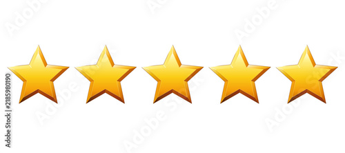Glossy 3D Five Star Rating Icon Set in Golden Color for Customer Reviews, Product Evaluation, and E-commerce Feedback UIs