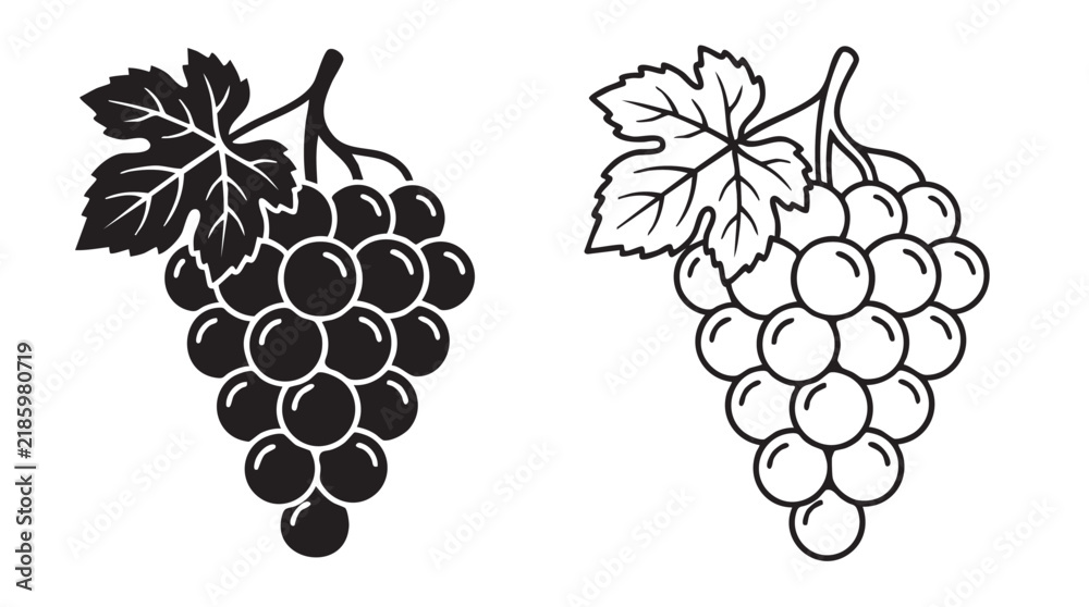 Obraz premium grape cluster vector pair icon, black silhouette with line black silhouette with line art vector pair icon