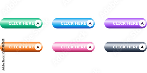 Glossy 3D Click Here Call to Action Button Set with Vibrant Gradients and Arrow Icons for Digital Marketing and Website Navigation