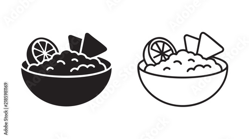 guacamole bowl vector icon pair, black silhouette with line black silhouette with line art vector pair icon