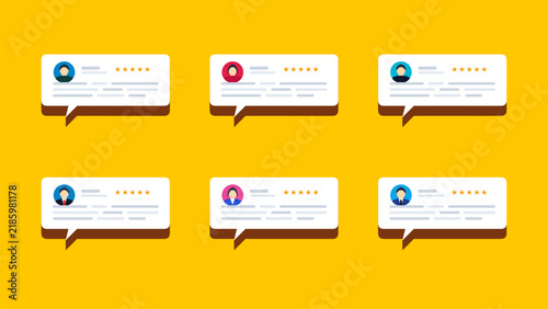Customer Review and Rating UI Mockup Set with Five Gold Stars and Avatar Placeholders for Feedback Systems and Testimonials