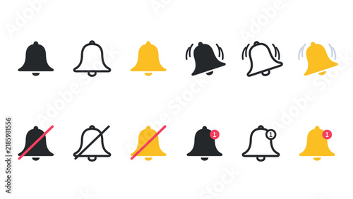 Flat Style Notification Bell Icon Set Displaying Active, Muted, and Alert Badge States for Mobile App Interfaces and Web Systems