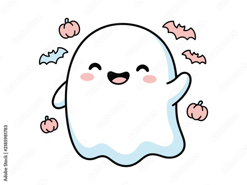 Obraz premium Cute cartoon ghost character waving hello surrounded by small pumpkins and flying bats for halloween celebration design